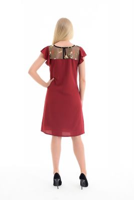  Bordo Elbise - Robalar Çiçekli Tül Fırfırlı Yaka Biye Elbise | Elb31525