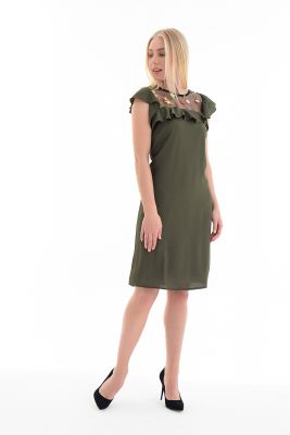  Hakı Elbise - Robalar Çiçekli Tül Fırfırlı Yaka Biye Elbise | Elb31525