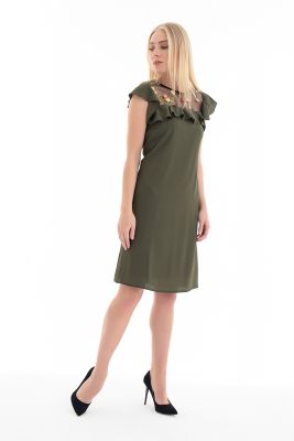  Hakı Elbise - Robalar Çiçekli Tül Fırfırlı Yaka Biye Elbise | Elb31525
