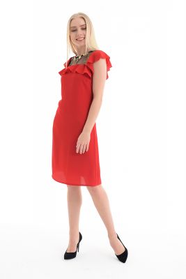  Kırmızı Elbise - Robalar Çiçekli Tül Fırfırlı Yaka Biye Elbise | Elb31525