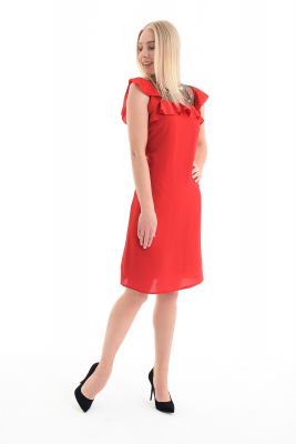  Kırmızı Elbise - Robalar Çiçekli Tül Fırfırlı Yaka Biye Elbise | Elb31525