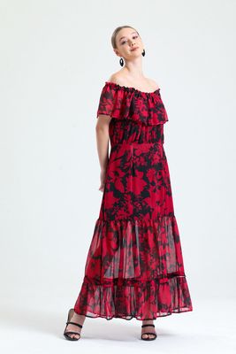  Sense Kırmızı Siyah Volanlı Kolsuz İçi Astarlı Şifon Elbise | Elb34301