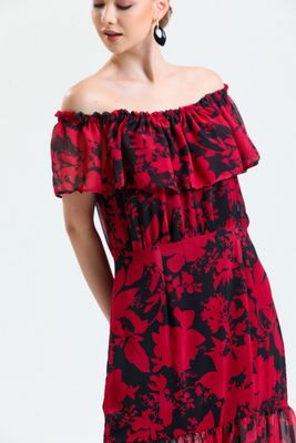  Sense Kırmızı Siyah Volanlı Kolsuz İçi Astarlı Şifon Elbise | Elb34301