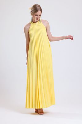  Sense Sarı Piliseli Uzun Abiye Saten Elbise | ELB35127