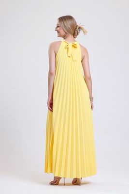  Sense Sarı Piliseli Uzun Abiye Saten Elbise | ELB35127