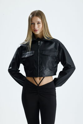  Sense Siyah Cep Detaylı Fermuarlı Crop Deri Ceket | CKT36473