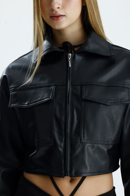  Sense Siyah Cep Detaylı Fermuarlı Crop Deri Ceket | CKT36473