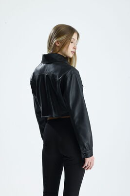  Sense Siyah Cep Detaylı Fermuarlı Crop Deri Ceket | CKT36473