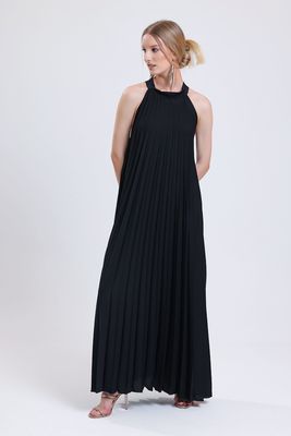  Sense Siyah Piliseli Uzun Abiye Saten Elbise | ELB35127