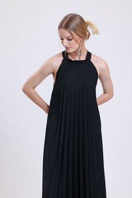  Sense Siyah Piliseli Uzun Abiye Saten Elbise | ELB35127