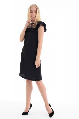  Siyah Elbise - Robalar Çiçekli Tül Fırfırlı Yaka Biye Elbise | Elb31525