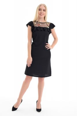  Siyah Elbise - Robalar Çiçekli Tül Fırfırlı Yaka Biye Elbise | Elb31525