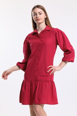  Sense Fuşya Önü Düğmeli Gömlek Yakalı Uzun Kol Elbise | Elb34187