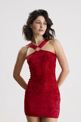  Sense Bordo Batik Viskon Elastan Halka Detaylı Halter Yaka Mini  Elbise | ELB36662