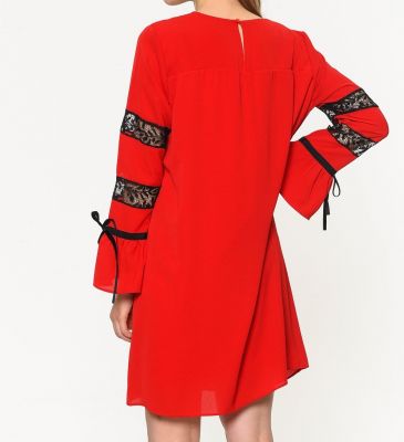  Kırmızı Dantelve  Kurdela Detaylı  Krep Elbise | Blz14998