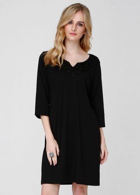  Siyah Polyester Yuvarlak Dairesel Yakalı U.Kol Dalgıç Elbise | Elb13547