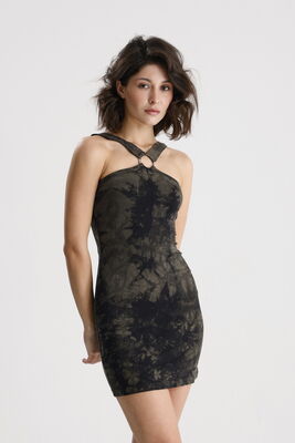  Sense HAKİ BATİK Viskon Elastan Halka Detaylı Halter Yaka Mini  Elbise | ELB36662