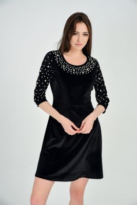  Sense Siyah Ön Parcalı Biye Yaka Uzun Kol Kadife Abiye Elbise | Elb31785