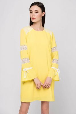  Sarı Dantelve  Kurdela Detaylı  Krep Elbise | Blz14998