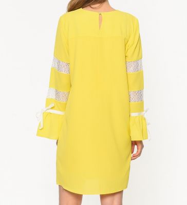  Sarı Dantelve  Kurdela Detaylı  Krep Elbise | Blz14998