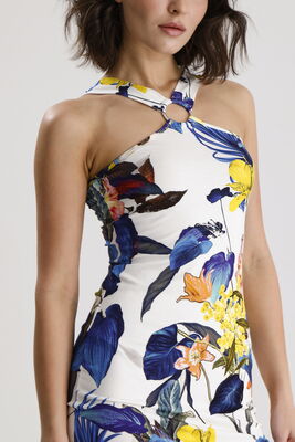  Sense Sarı Saks Çiçekli Viskon Elastan Halka Detaylı Halter Yaka Mini  Elbise | ELB36662