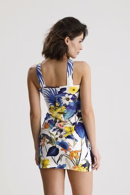  Sense Sarı Saks Çiçekli Viskon Elastan Halka Detaylı Halter Yaka Mini  Elbise | ELB36662