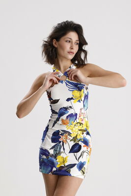  Sense Sarı Saks Çiçekli Viskon Elastan Halka Detaylı Halter Yaka Mini  Elbise | ELB36662