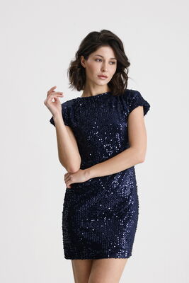  Sense Lacivert Astarlı Vatkalı Mini Payet Elbise | ELB36664