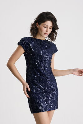  Sense Lacivert Astarlı Vatkalı Mini Payet Elbise | ELB36664