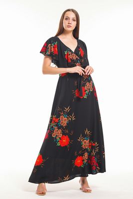  Sense Siyah Elbise - Kruvaze Çiçekli Volanlı Krep Elbise | Elb31181
