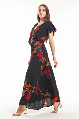  Sense Siyah Elbise - Kruvaze Çiçekli Volanlı Krep Elbise | Elb31181