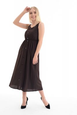 Kahve ön düğmeli kroşetalı ayarlı elbise | Elb31554