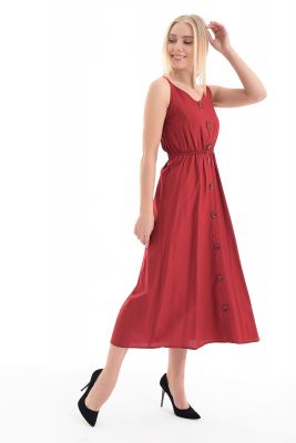  Kıremıt ön düğmeli kroşetalı ayarlı elbise | Elb31554