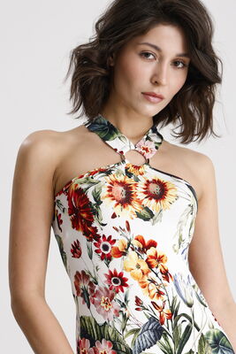  Sense Ayçiçek Desen Viskon Elastan Halka Detaylı Halter Yaka Elbise | ELB36706