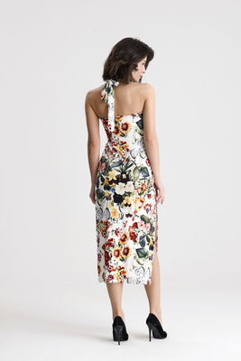  Sense Ayçiçek Desen Viskon Elastan Halka Detaylı Halter Yaka Elbise | ELB36706