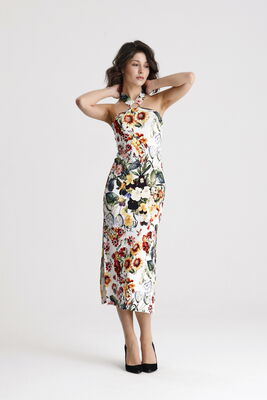  Sense Ayçiçek Desen Viskon Elastan Halka Detaylı Halter Yaka Elbise | ELB36706