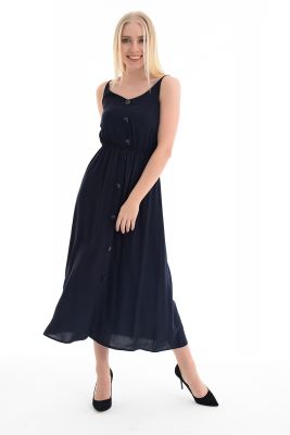  Lacıvert ön düğmeli kroşetalı ayarlı elbise | Elb31554