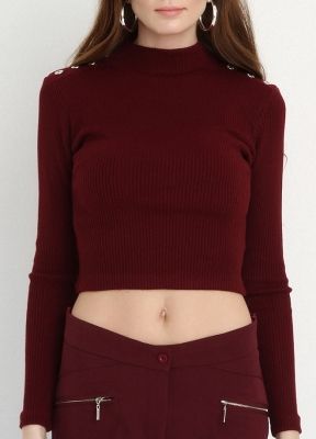  Bordo Omuzlari Dugmeli  Bluz  | Blz14397