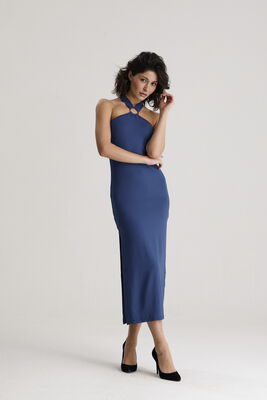  Sense İndigo Viskon Elastan Halka Detaylı Halter Yaka Elbise | ELB36706