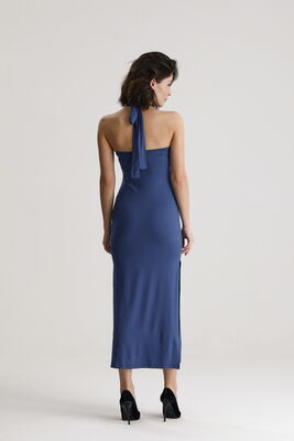  Sense İndigo Viskon Elastan Halka Detaylı Halter Yaka Elbise | ELB36706