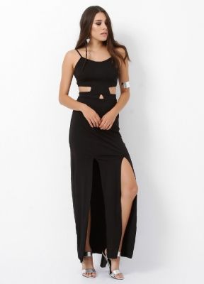  Siyah Önü Pencereli Askılı Yirtmacli Uzun Kolsuz Dalgic Elbise | Elb14007