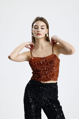  Sense Kahve Fermuarlı Payetli Kadife Bustiyer | Bus34034