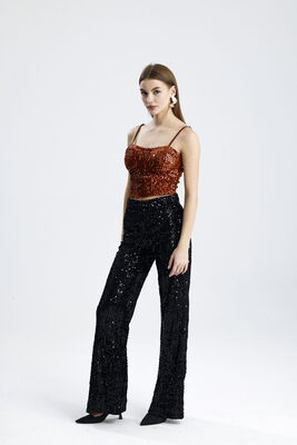  Sense Kahve Fermuarlı Payetli Kadife Bustiyer | Bus34034