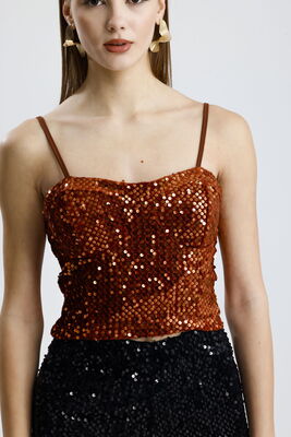  Sense Kahve Fermuarlı Payetli Kadife Bustiyer | Bus34034