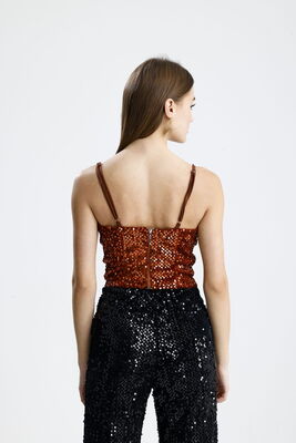  Sense Kahve Fermuarlı Payetli Kadife Bustiyer | Bus34034