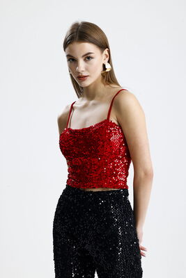  Sense Kırmızı Fermuarlı Payetli Kadife Bustiyer | Bus34034