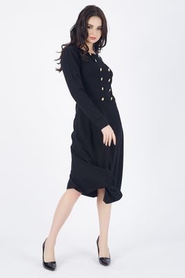 Sense Siyah Elbise Ön Çift Sıra Metal Düğmeli Uzun Elbise | Elb32940