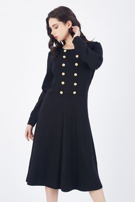  Sense Siyah Elbise Ön Çift Sıra Metal Düğmeli Uzun Elbise | Elb32940
