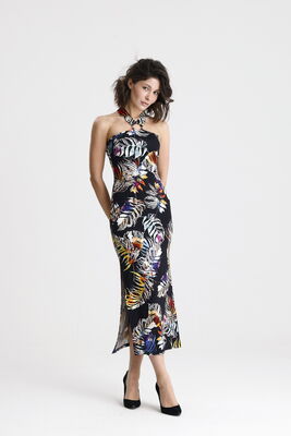  Sense Palmiye Viskon Elastan Halka Detaylı Halter Yaka Elbise | ELB36706