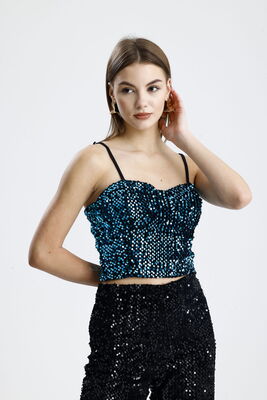  Sense Siyah-Turkuaz Fermuarlı Payetli Kadife Bustiyer | Bus34034